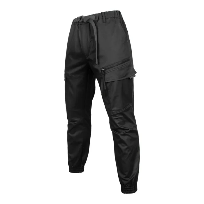 45-degree side view of black tactical casual pants featuring a modern utility cut and functional pocket layout, suitable for daily wear and OEM production.