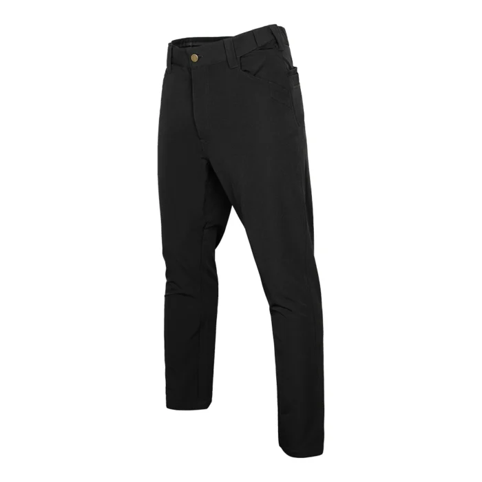 Black outdoor pants displayed at a 45-degree angle, highlighting the modern tactical-inspired cut and durable fabric suitable for professional outdoor use.