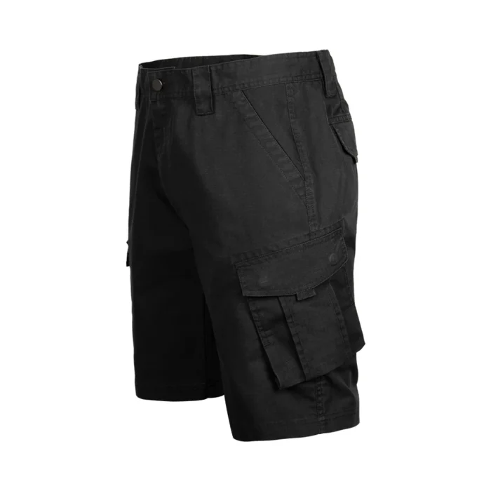 Side cargo pocket detail of tactical cargo shorts with snap button and hook-and-loop closure, providing practical storage for tactical and outdoor gear.