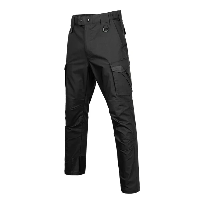 Black tactical cargo pants shown at a 45-degree angle, highlighting structured fit, utility pockets and professional tactical appearance.