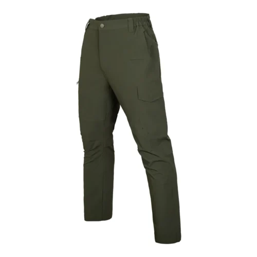 45-degree angled view of lightweight tactical pants highlighting flexible construction, articulated knees, and balanced tactical pocket placement.