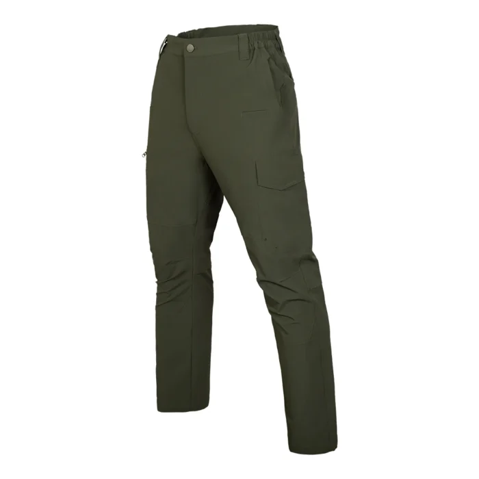 45-degree angled view of lightweight tactical pants highlighting flexible construction, articulated knees, and balanced tactical pocket placement.