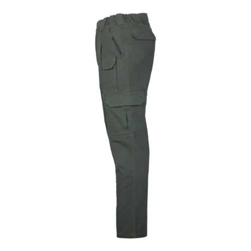 Side view of dark green tactical casual pants designed for comfort and practicality, suitable for outdoor activities, security tasks, and OEM customization.