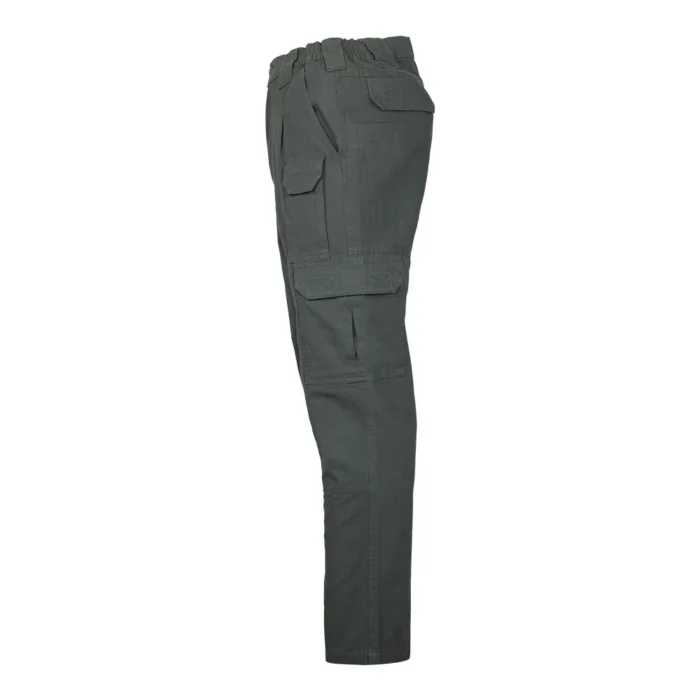 Side view of dark green tactical casual pants designed for comfort and practicality, suitable for outdoor activities, security tasks, and OEM customization.