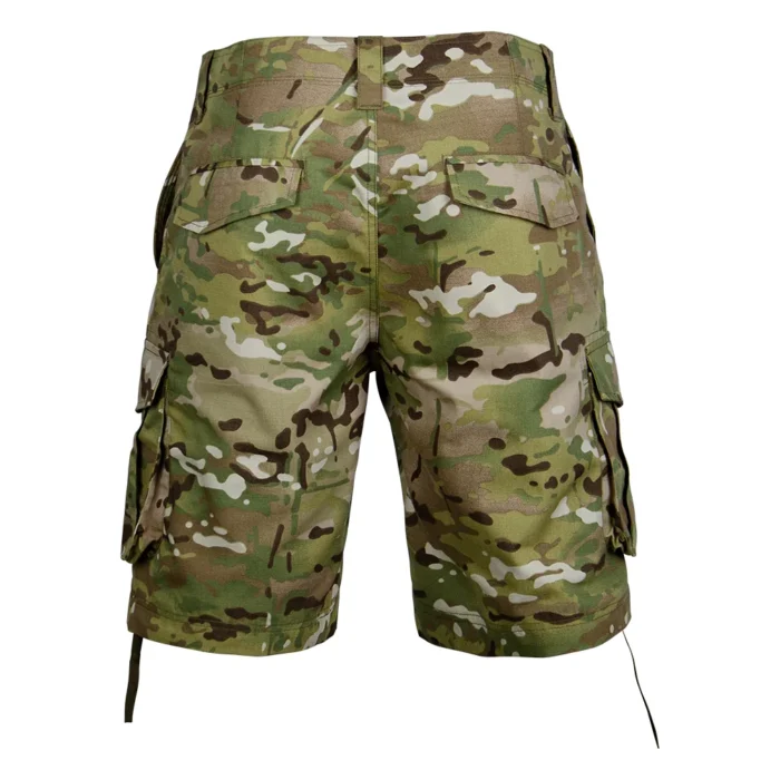 Back view of tactical cargo shorts showing reinforced seams, rear pockets, and durable construction suitable for intensive field and tactical use.
