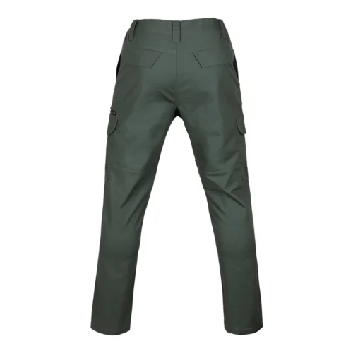 Back view of greyish green tactical pants showing reinforced seat area and functional rear pockets for enhanced durability in field operations.
