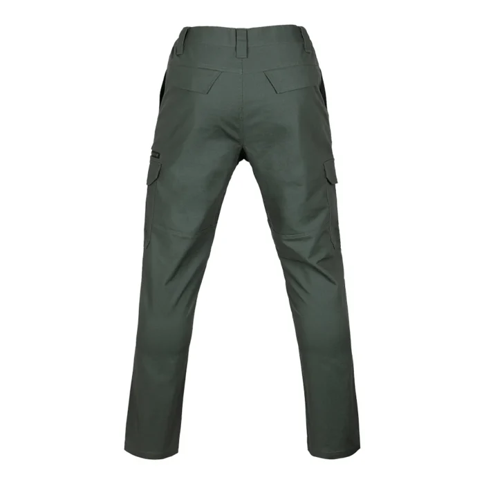 Back view of greyish green tactical pants showing reinforced seat area and functional rear pockets for enhanced durability in field operations.