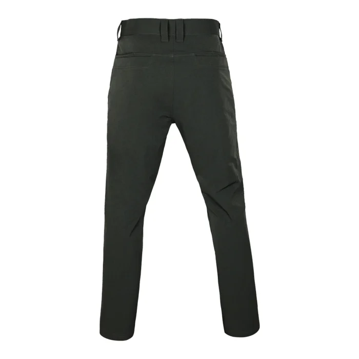 Back view of dark green outdoor pants showing a streamlined rear design and reinforced construction, ideal for outdoor brands and OEM manufacturing.