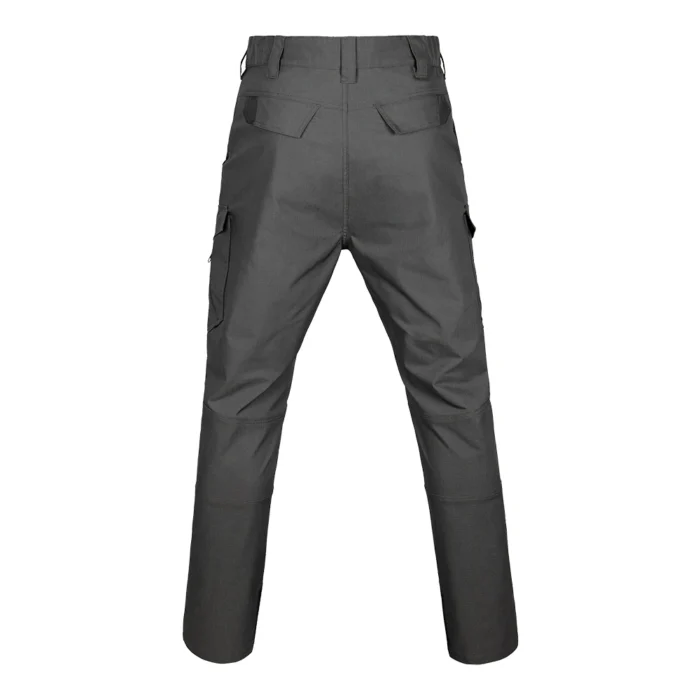 Grey tactical cargo pants back view featuring reinforced seat area and functional rear pockets for tactical and outdoor use.