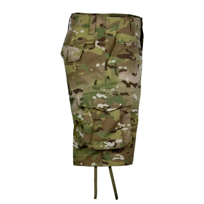 Side view of tactical cargo shorts highlighting large cargo pockets with flap closure, designed for practical gear storage in tactical environments.