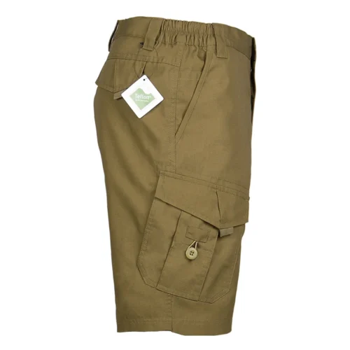 Side view of tactical cargo shorts highlighting large cargo pockets with flap closure, designed for secure gear storage in tactical environments.