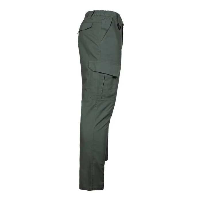 Side view of greyish green tactical pants designed for military and outdoor use, offering durability, mobility, and OEM customization options.
