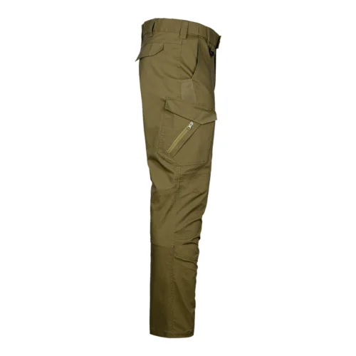 Dark khaki tactical cargo pants shown in side view, featuring functional cargo pockets and reinforced stitching for outdoor and tactical operations.