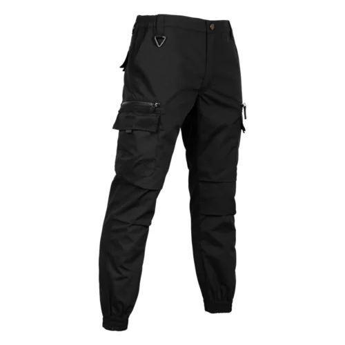 Right 45-degree side view of black tactical pants designed for security, law enforcement and tactical training with durable fabric and utility storage.