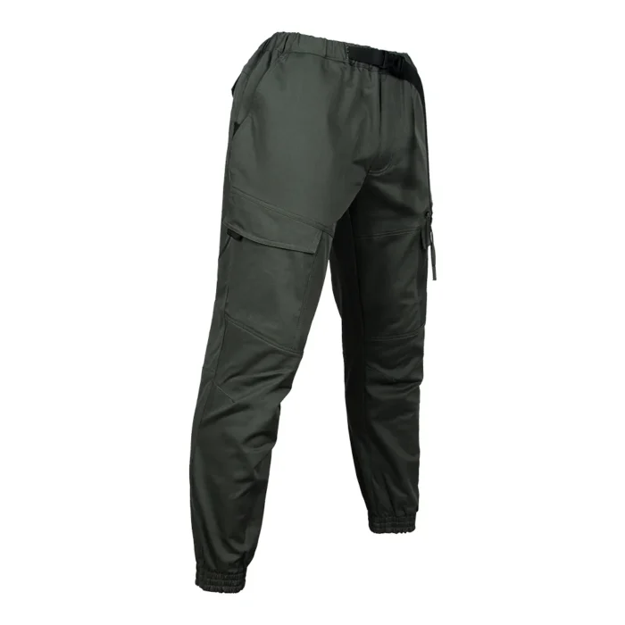Right 45-degree view of military green tactical casual pants highlighting functional pocket placement and ergonomic tailoring for everyday tactical wear.
