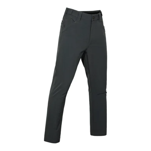 Dark grey outdoor pants shown in a 45-degree side view, featuring a slim ergonomic cut, durable stretch fabric, and functional design for outdoor and tactical use.