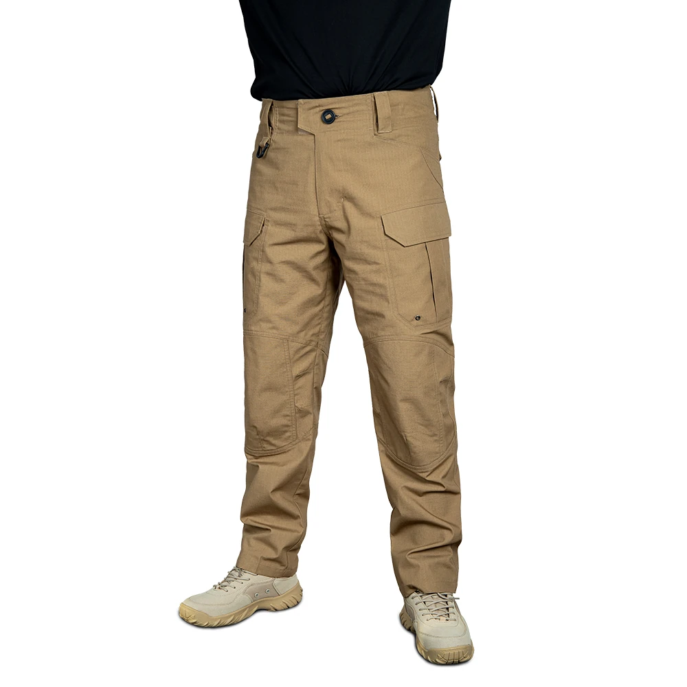 Wolf brown tactical work pants shown in an angled view, highlighting durable construction, ergonomic fit and practical pocket layout for work and field use.