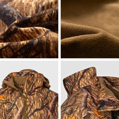 Close up view of softshell hunting jacket fabric texture, showing flexible and durable material designed for wind protection and active outdoor hunting use.