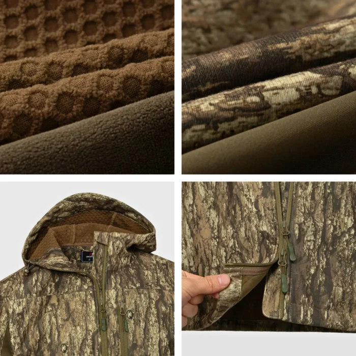 Close up view of softshell hunting jacket fabric layers, showing breathable inner lining and durable outer shell for comfort and wind resistance.