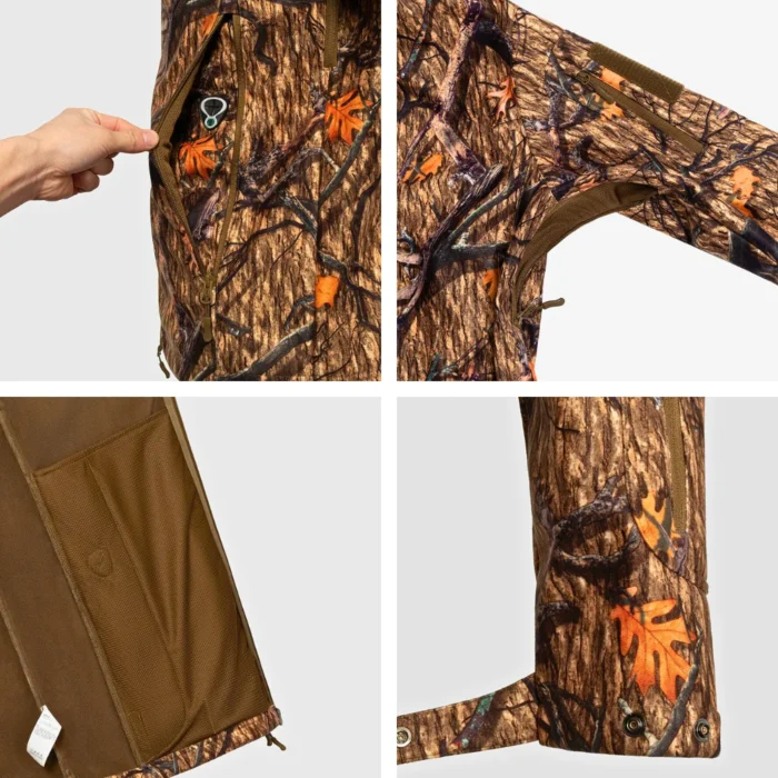 Detailed view of softshell hunting jacket collar and zipper construction, designed to improve wind protection and comfort for hunting and outdoor wear.
