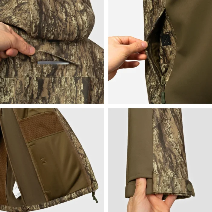 Detail view of softshell hunting jacket zipper and pocket design, providing secure storage and easy access for hunting and outdoor activities.