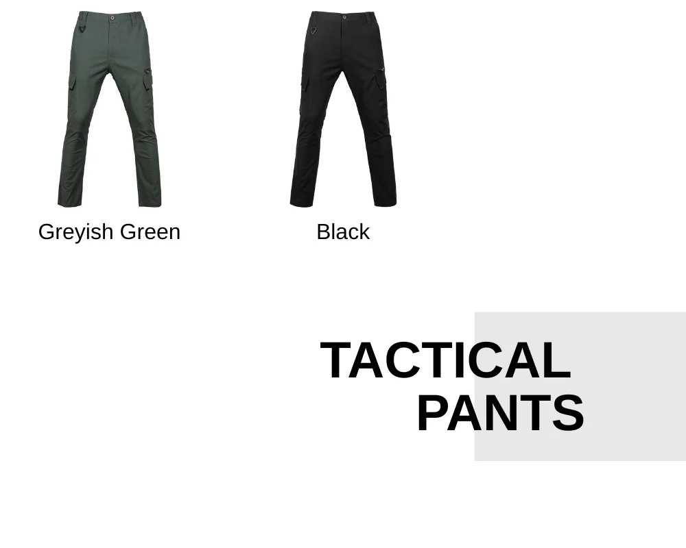 Tactical pants available in black and greyish green colors, designed for military, security, and outdoor operations. OEM customization supported.
