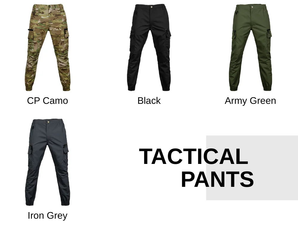 Color options overview of tactical pants including CP camouflage, black, army green and iron grey, designed for military, security and outdoor tactical use.