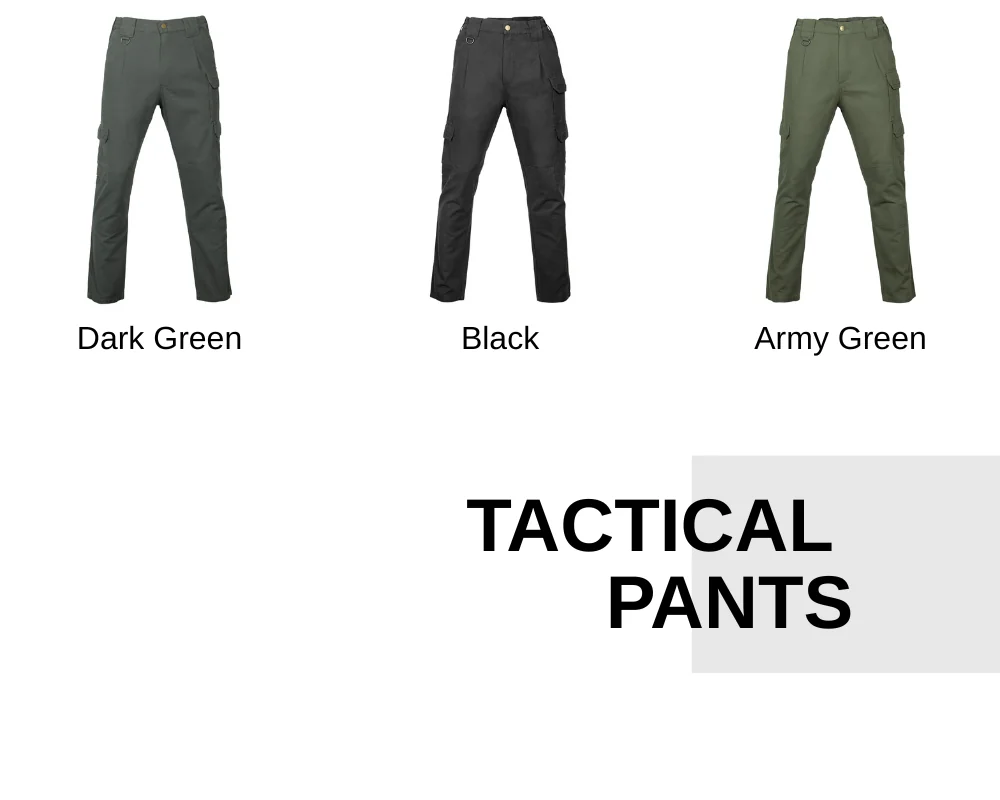 Tactical casual pants available in dark green, black, and army green. Designed for everyday wear, outdoor activities, and light tactical use. OEM supported.