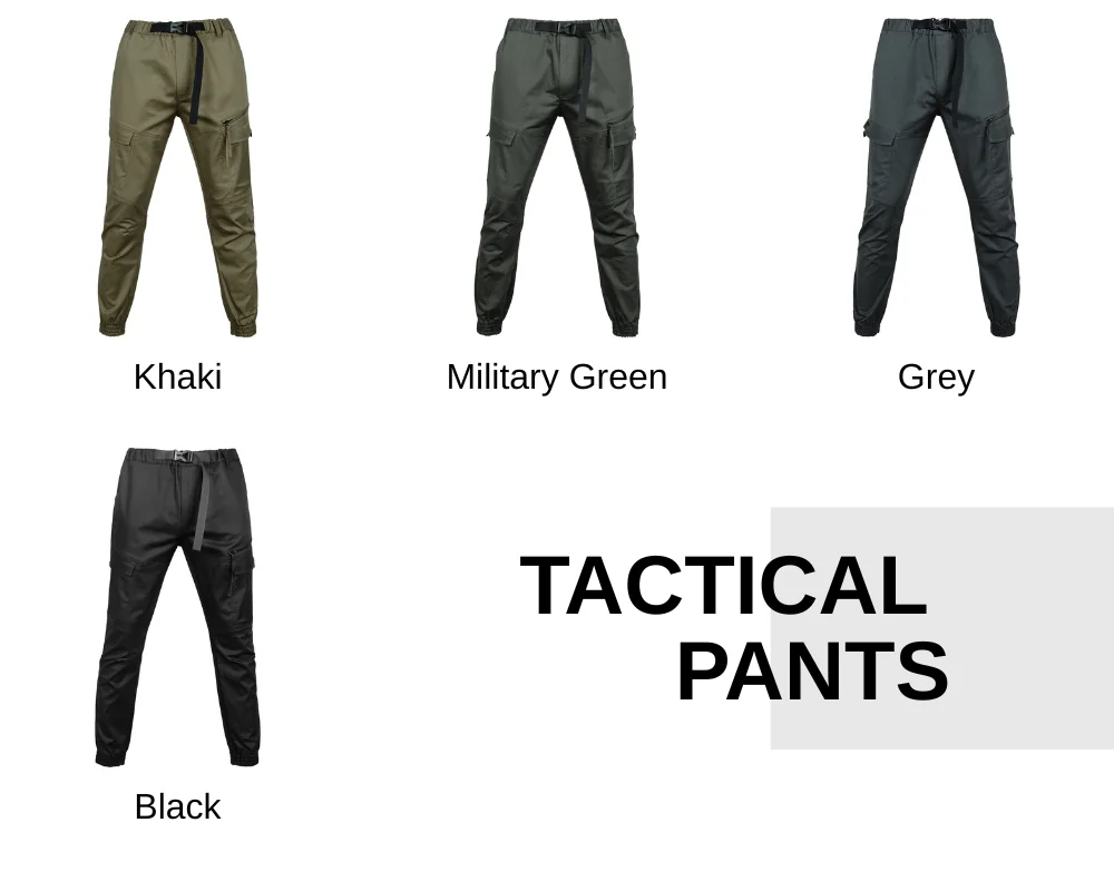 Tactical casual pants available in khaki, military green, grey, and black. Suitable for casual wear, outdoor use, and OEM bulk manufacturing.