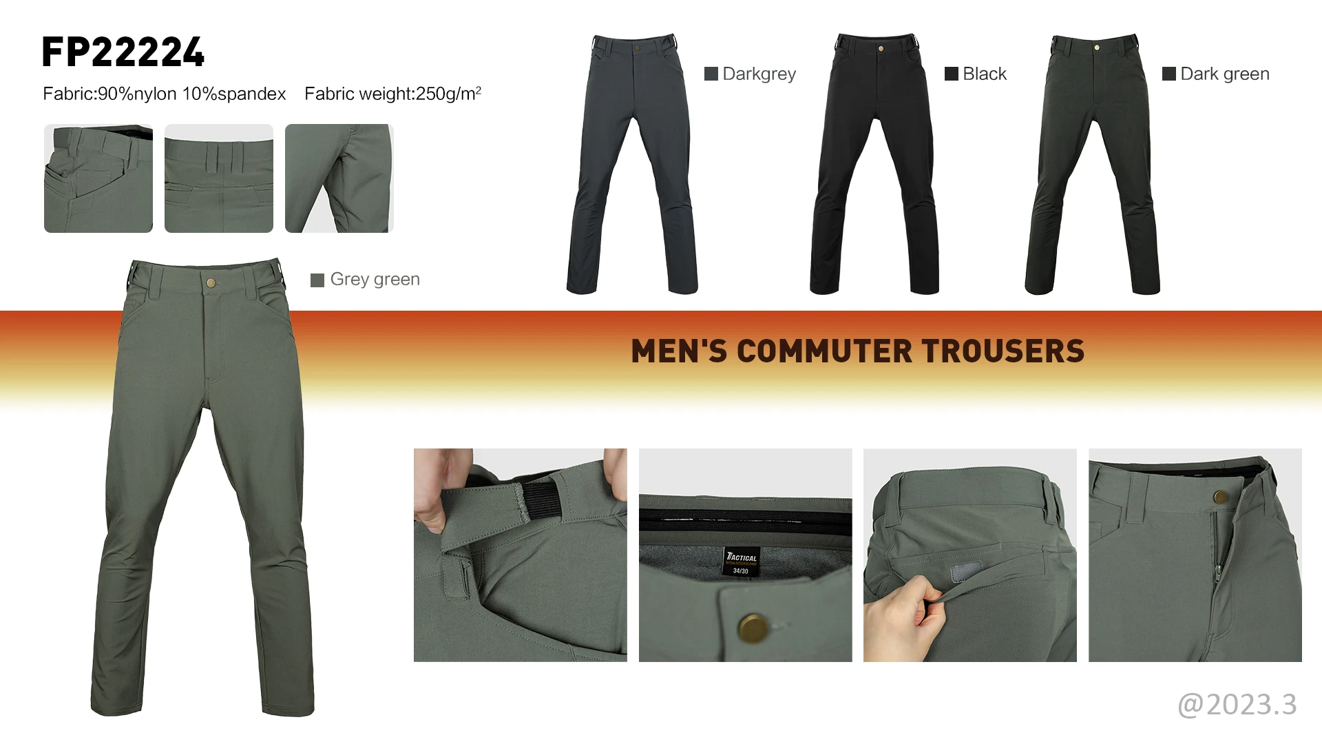 Outdoor pants available in multiple colors including black, grey green, and dark green, suitable for OEM customization and bulk production.