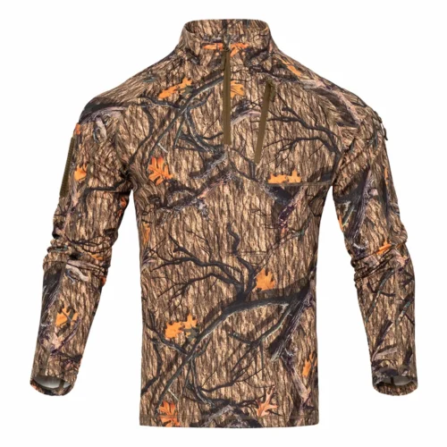 Front view of long sleeve hunting shirt featuring camouflage pattern and half zip design, suitable for outdoor hunting and field activities.