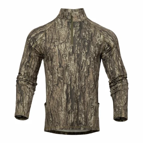Front view of a camouflage hunting shirt featuring a lightweight long-sleeve design for outdoor hunting, offering comfort, flexibility, and concealment in woodland environments.