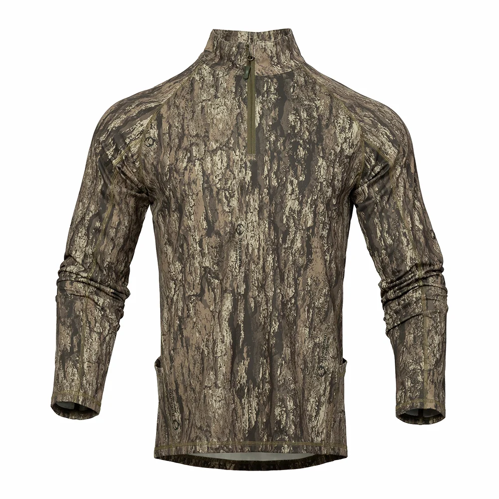 Front view of a camouflage hunting shirt featuring a lightweight long-sleeve design for outdoor hunting, offering comfort, flexibility, and concealment in woodland environments.