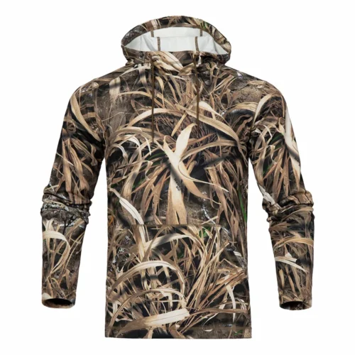 Front view of a camouflage hunting hoodie with integrated hood and long sleeves, designed for concealment, comfort, and outdoor hunting performance.