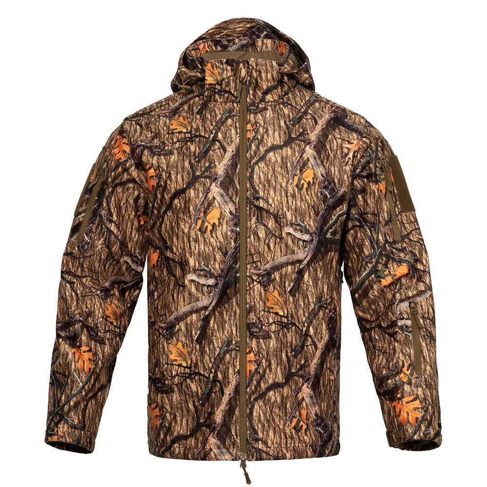 Softshell hunting jacket with hooded design and full camouflage pattern, offering wind resistance and flexibility for active hunting and outdoor use, suitable for OEM and bulk production.