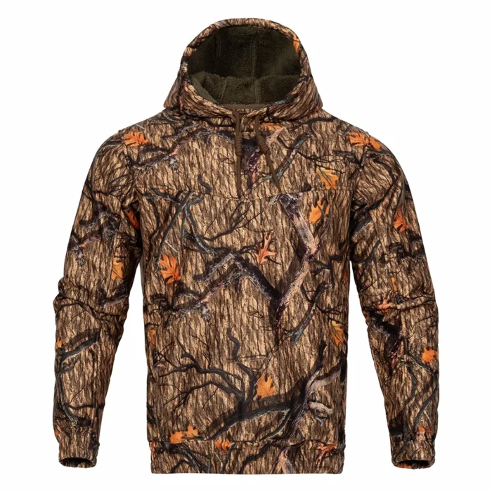 Fleece hunting hoodie with camouflage pattern and pullover design, featuring soft fleece lining for warmth and comfort during hunting and outdoor activities, suitable for OEM and bulk orders.