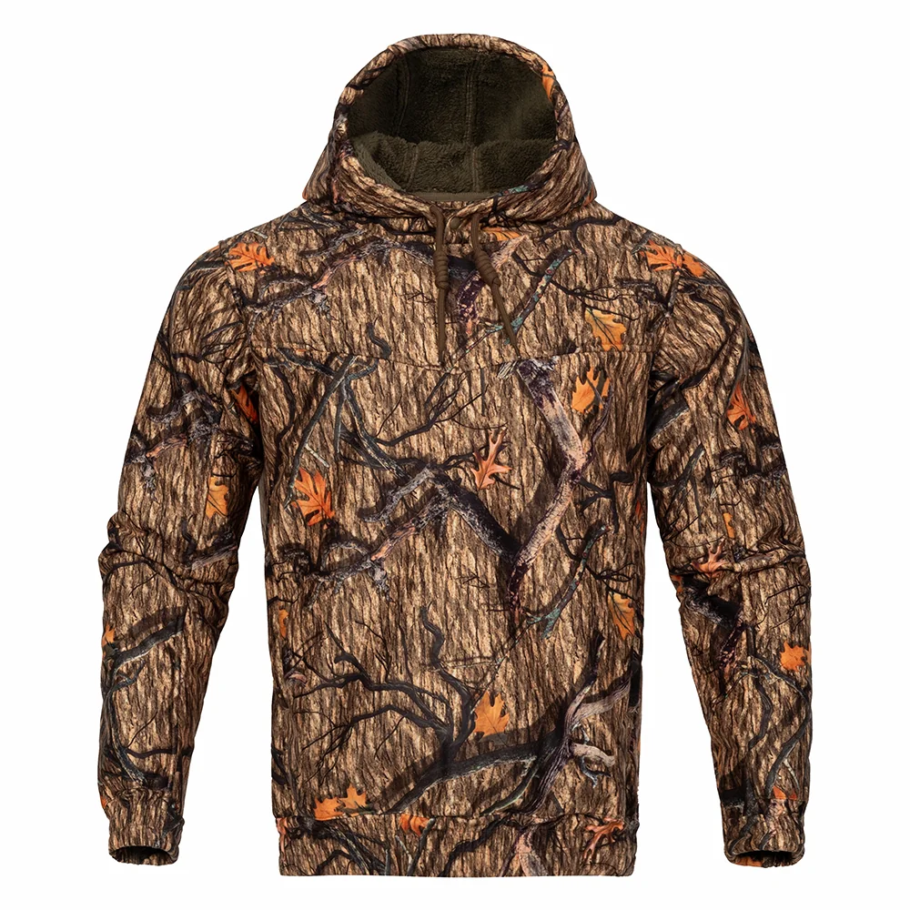 Fleece hunting hoodie with camouflage pattern and pullover design, featuring soft fleece lining for warmth and comfort during hunting and outdoor activities, suitable for OEM and bulk orders.