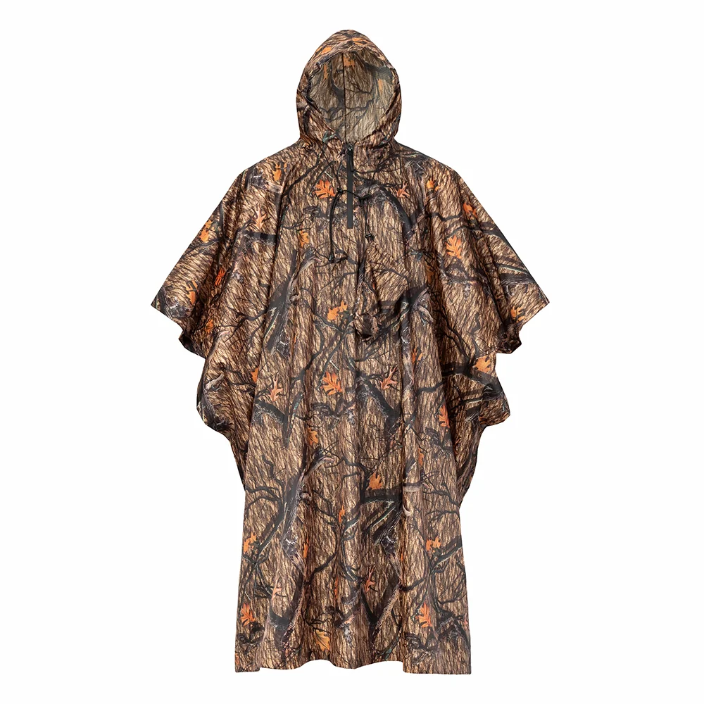 Hunting raincoat with hooded poncho design and full camouflage pattern, providing lightweight waterproof protection for hunting, camping and outdoor activities.