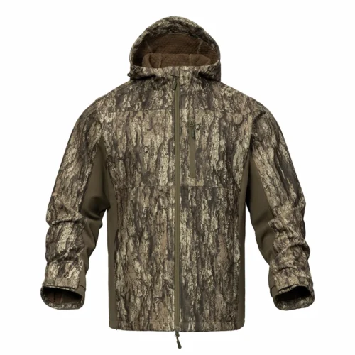 Softshell hunting jacket with hooded design and camouflage pattern, featuring stretch fabric and wind resistant performance for active hunting and outdoor use.