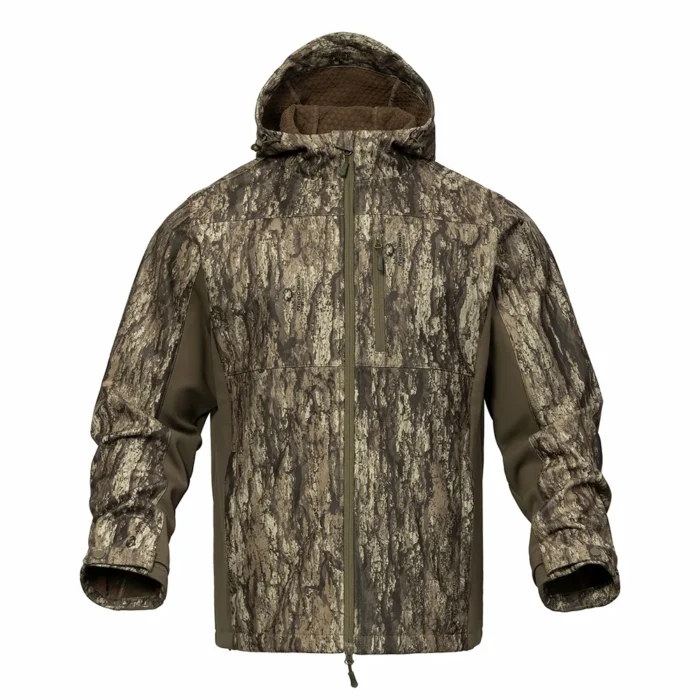 Softshell hunting jacket with hooded design and camouflage pattern, featuring stretch fabric and wind resistant performance for active hunting and outdoor use.