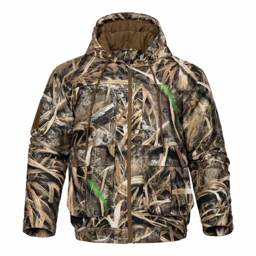 Camouflage hunting jacket with hooded design and full front zipper, suitable for hunting, outdoor activities and cold weather use, ideal for bulk orders and OEM manufacturing.