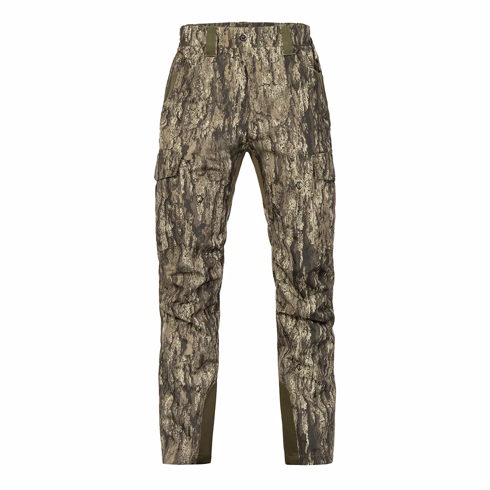 Front view of camouflage hunting pants designed for outdoor hunting, featuring durable fabric, articulated knees, and a streamlined fit for mobility in the field.