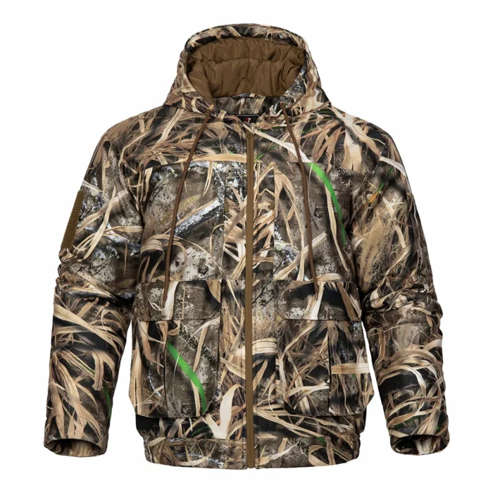 Camouflage hunting jacket with hooded design and full front zipper, suitable for hunting, outdoor activities and cold weather use, ideal for bulk orders and OEM manufacturing.