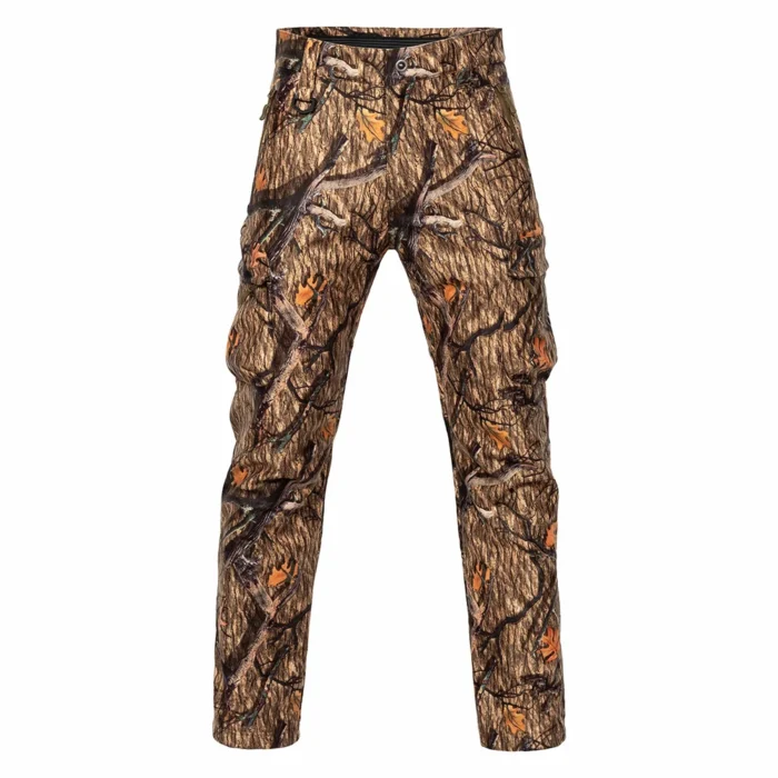 Front view of insulated hunting pants featuring camouflage pattern and thermal insulation, designed for cold weather hunting and outdoor field use.