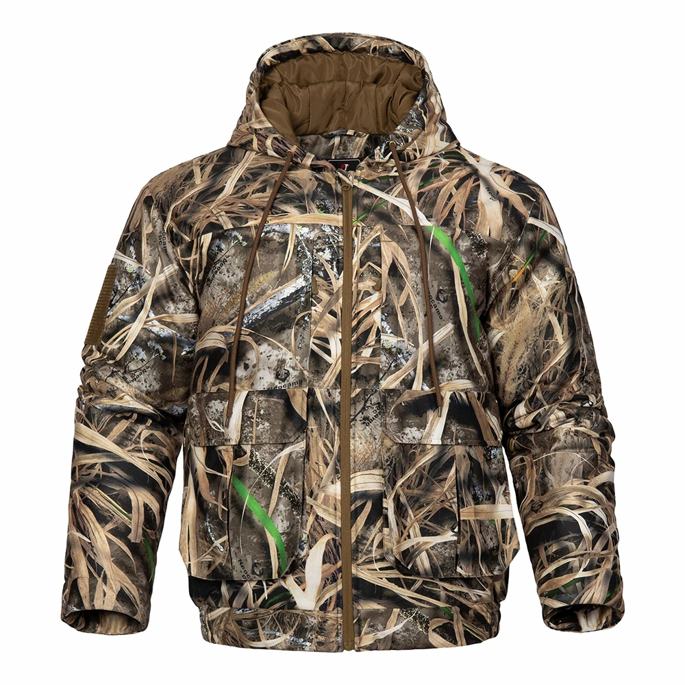 Camouflage hunting jacket with hooded design and full front zipper, suitable for hunting, outdoor activities and cold weather use, ideal for bulk orders and OEM manufacturing.