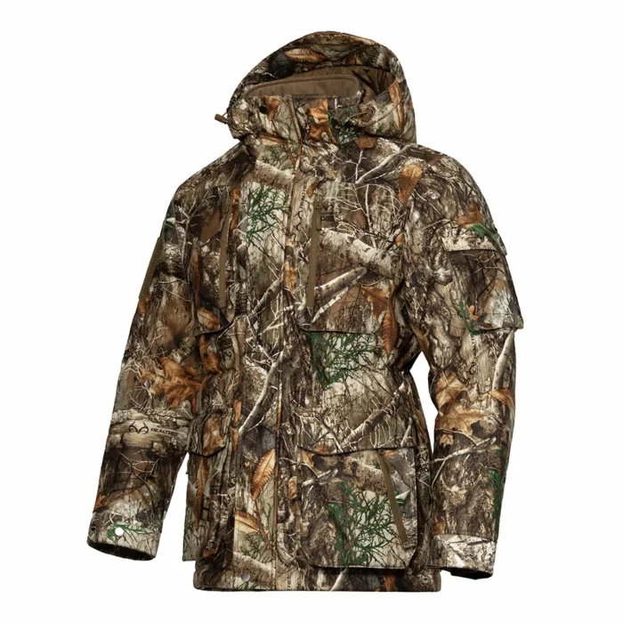Inner view of insulated hunting jacket showing padded lining and hem construction, designed to retain warmth and improve comfort for cold climate hunting and outdoor use.