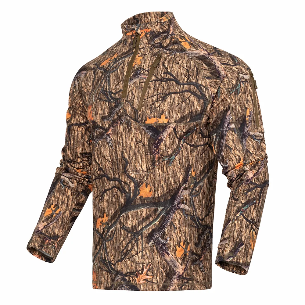 Angled side view of hunting shirt showing ergonomic fit and flexible construction, designed for comfort and mobility during hunting.
