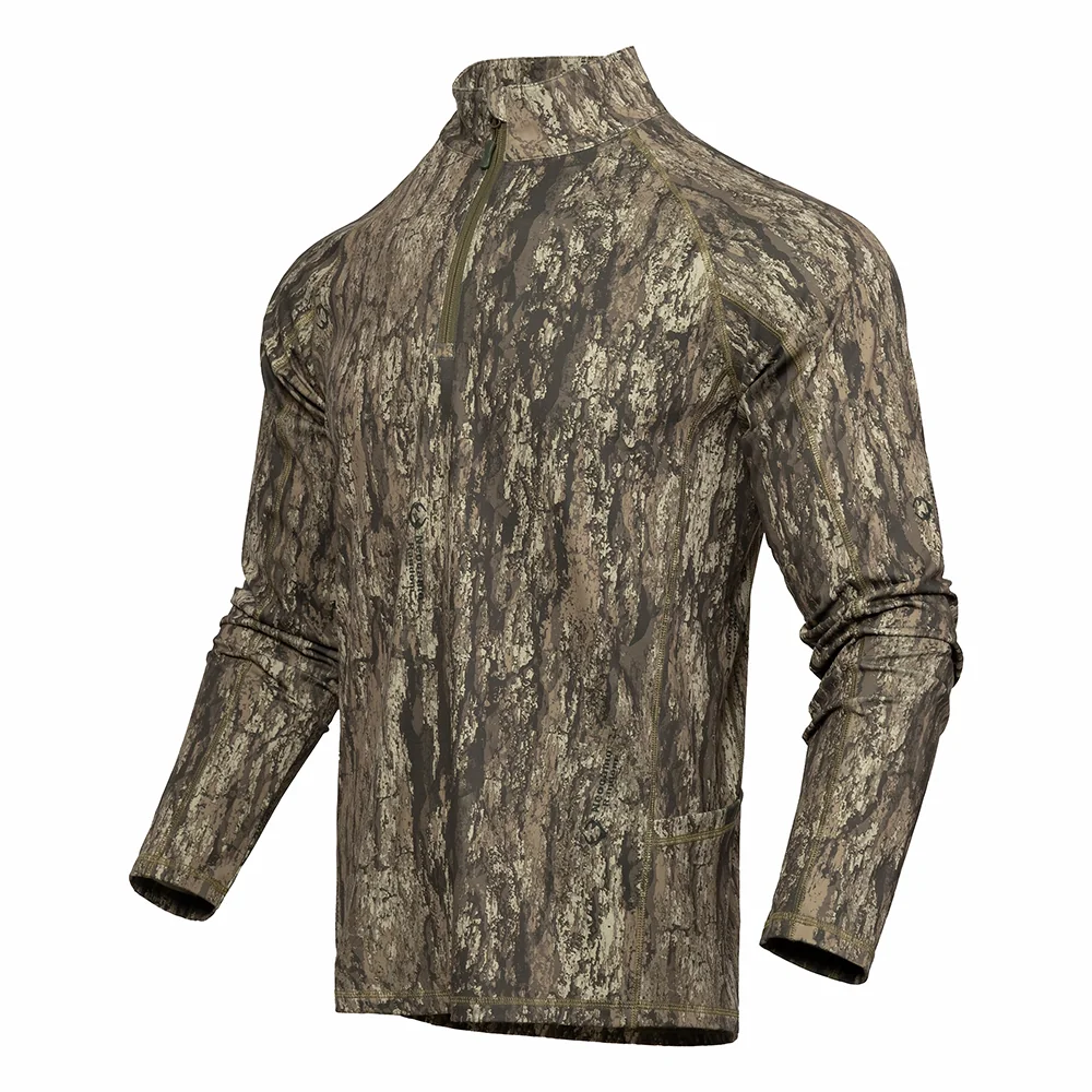 Detailed view of hunting shirt construction, showing reinforced stitching and functional sleeve design for durability and comfort in hunting environments.