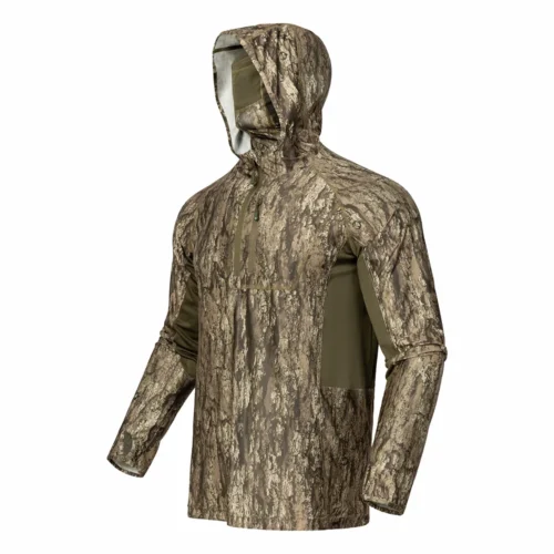 Detailed view of hunting hoodie construction showing functional zipper design and ventilation features for enhanced comfort during active hunting.
