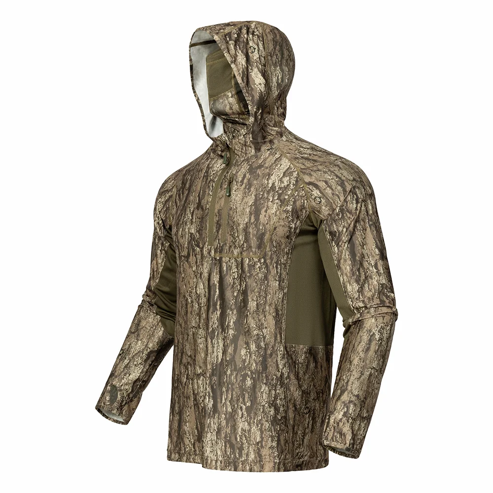 Detailed view of hunting hoodie construction showing functional zipper design and ventilation features for enhanced comfort during active hunting.